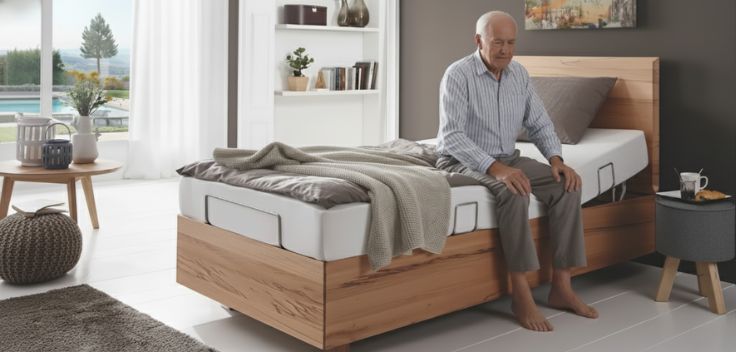 Seniorenbett mit integrierter Aufstehhilfe im Betten-Sauer Showroom