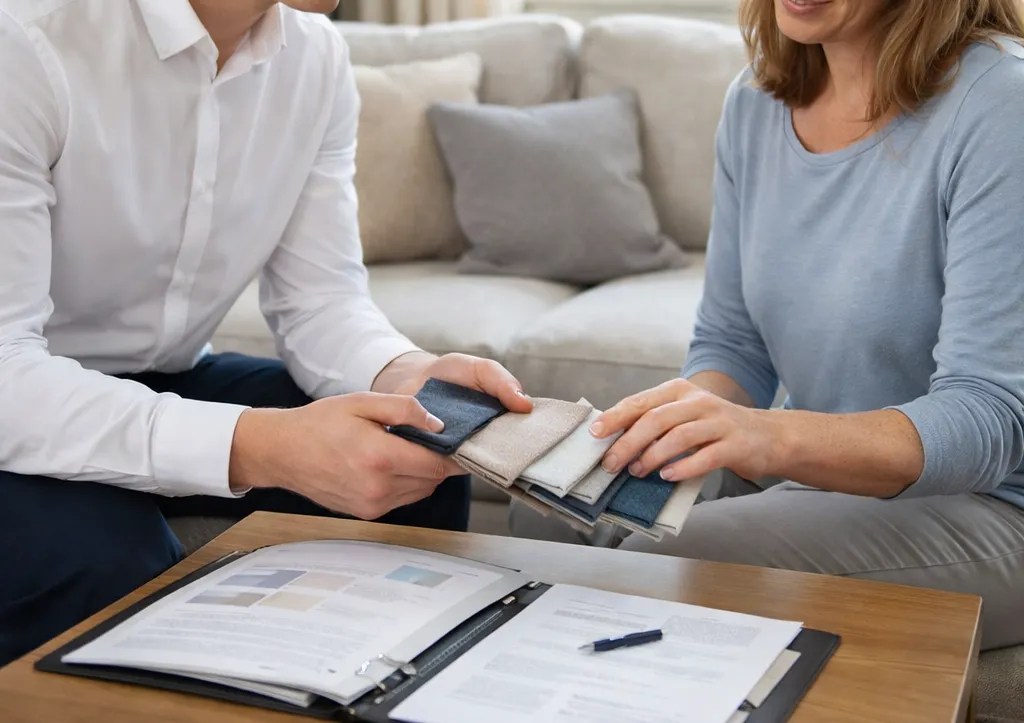 Schlafberater zeigt Stoffmuster und Konfiguration zu Hause