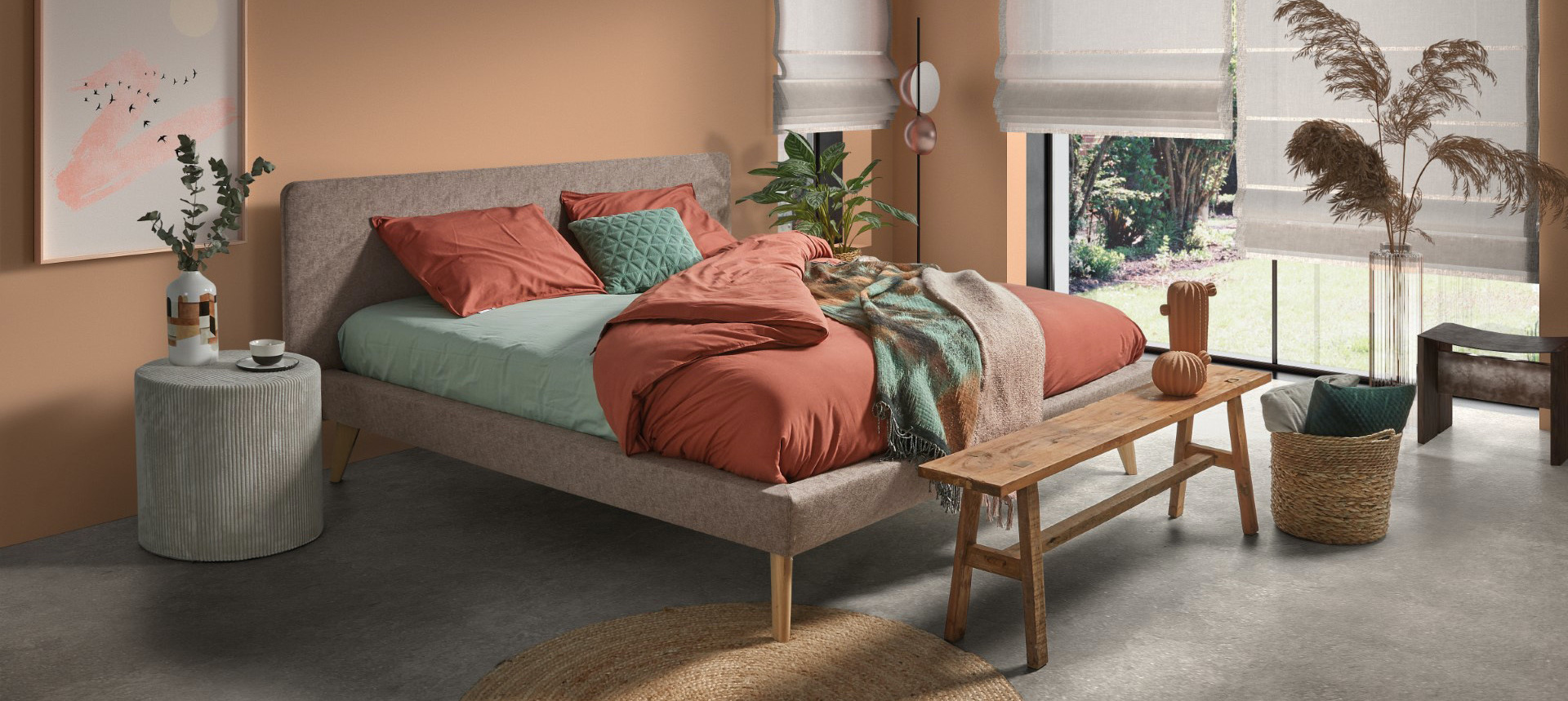 Polsterbett mit weichem Kopfteil und harmonischer Farbwelt
